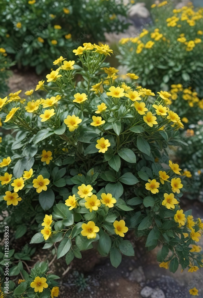 Obraz premium Low-growing, spreading shrub with silvery-green leaves and clusters of small yellow flowers , yellow flowers, shrub, spreader