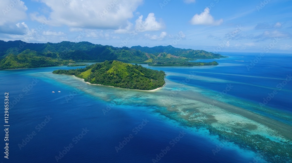 Aerial view of tropical island, lush green vegetation, turquoise ocean, coral reef. Aerial view of tropical island, lush green vegetation, turquoise ocean, coral reef.