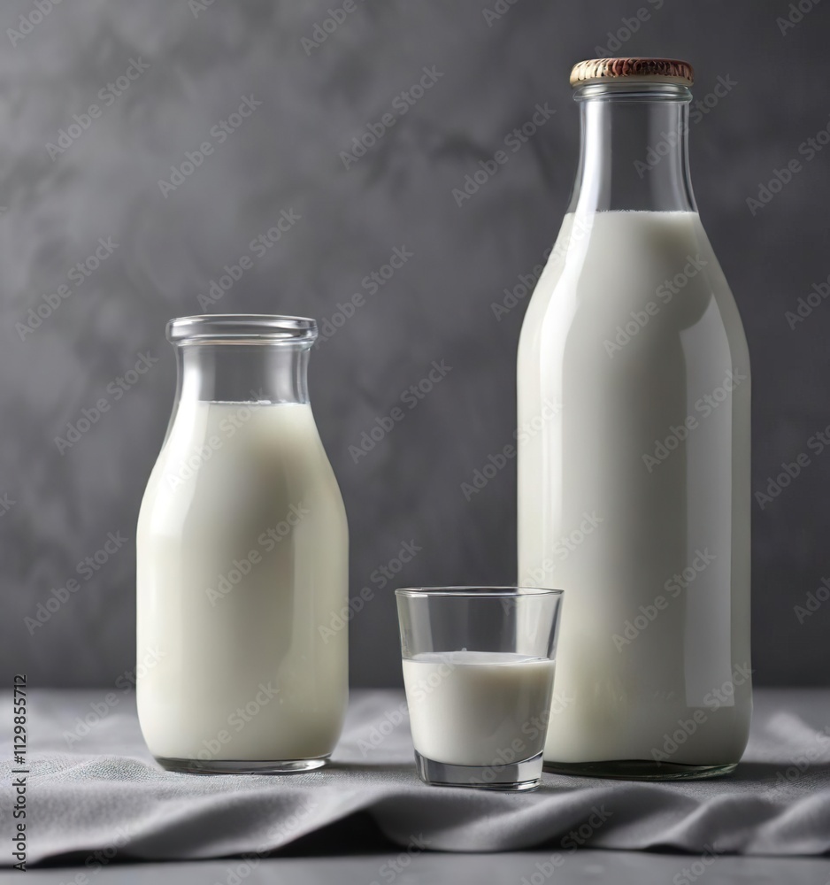 Milk in glass, textile and bottle, gray backdrop Selective focus, ample space , element, shadow Milk in glass, textile and bottle, gray backdrop Selective focus, ample space , element, shadow