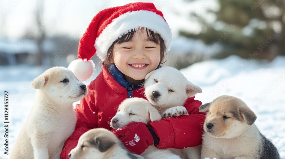 Indonesian girl wearing Santa Claus costume playing with puppies on the snow Indonesian girl wearing Santa Claus costume playing with puppies on the snow