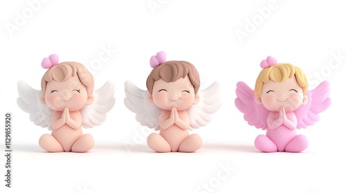 Adorable baby angels in 3D cartoon style with soft features, cherubic expressions, and delicate wings, set against a clean white background.
