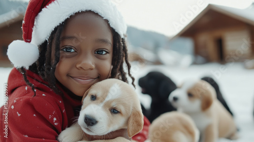 Afro girl wearing Santa Claus costume playing with puppies on the snow