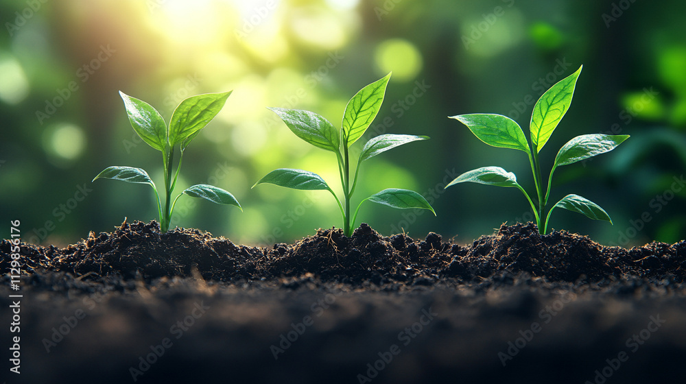 peaceful agricultural landscape with growing plant sprouts, symbolizing renewal, growth, and hope. The vibrant green sprouts emerge from fertile soil, representing vitality and nature’s cycles