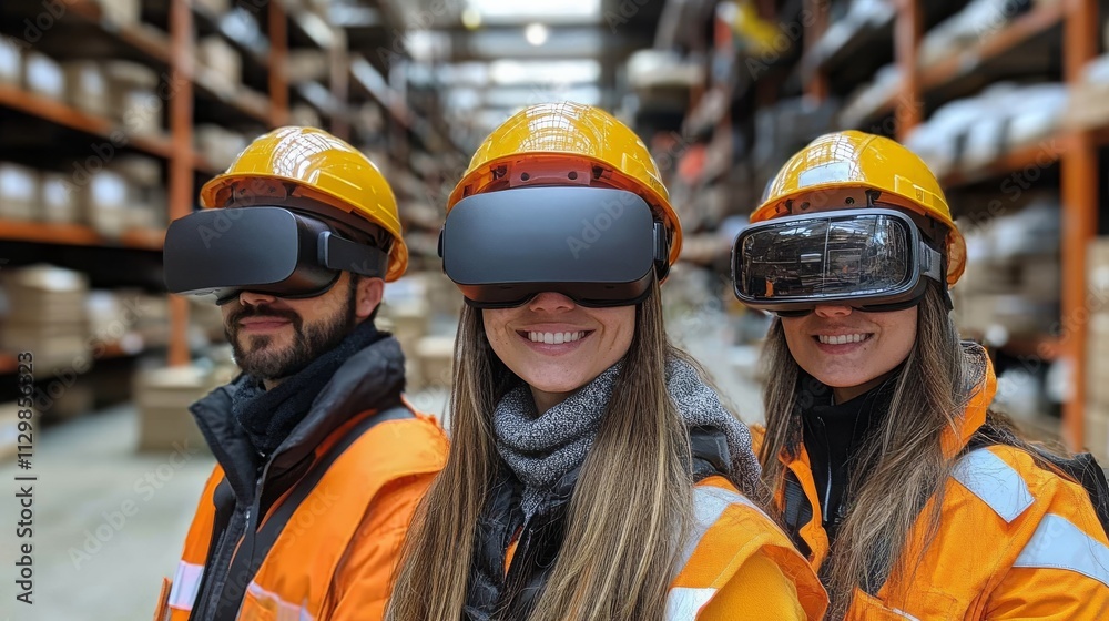 Team using augmented reality technology for virtual site inspections in a warehouse setting Team using augmented reality technology for virtual site inspections in a warehouse setting