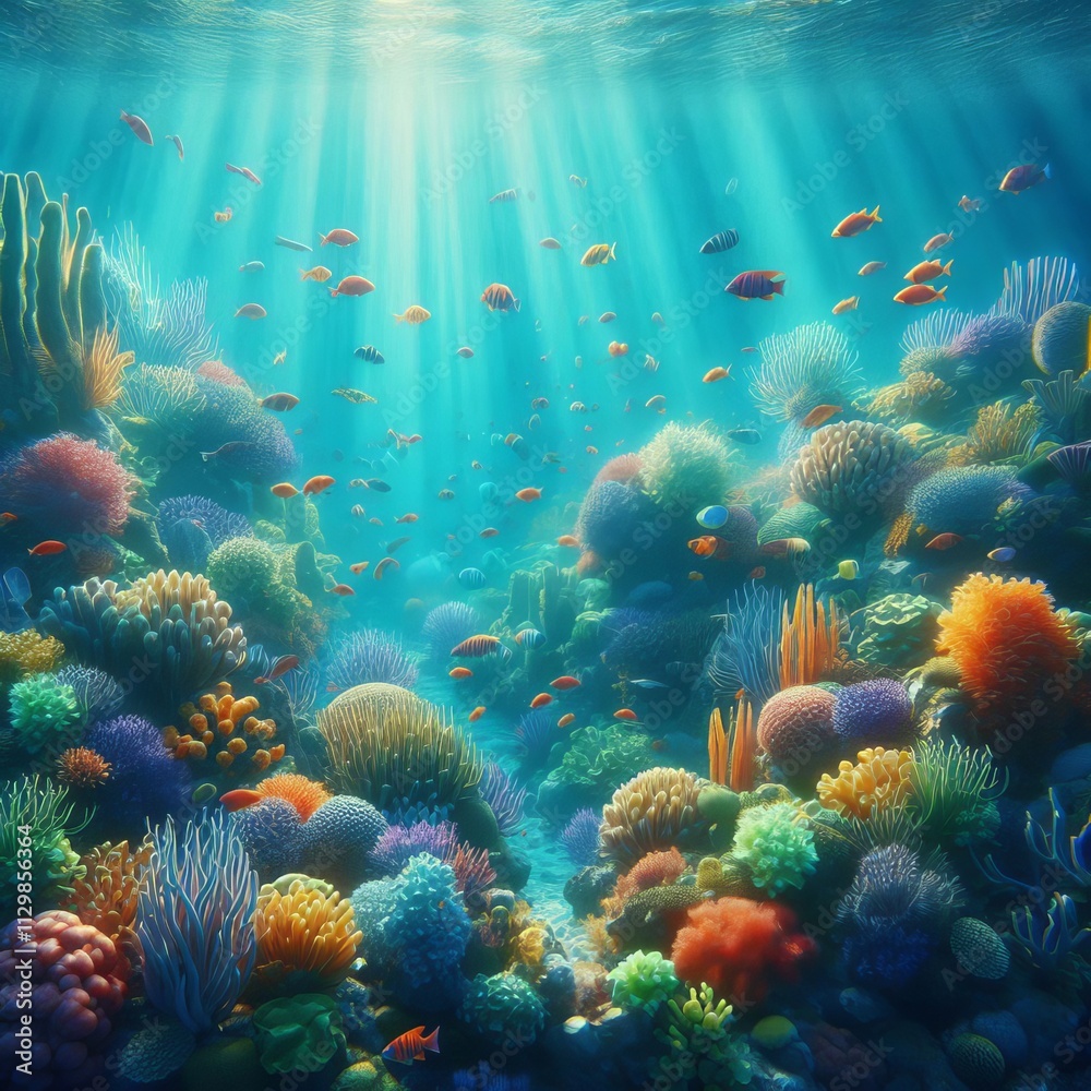 Naklejka premium A bright and thriving coral reef scene with vibrant marine life. Colorful tropical fish swim through the corals, illuminated by beams of sunlight piercing through the water, creating a serene