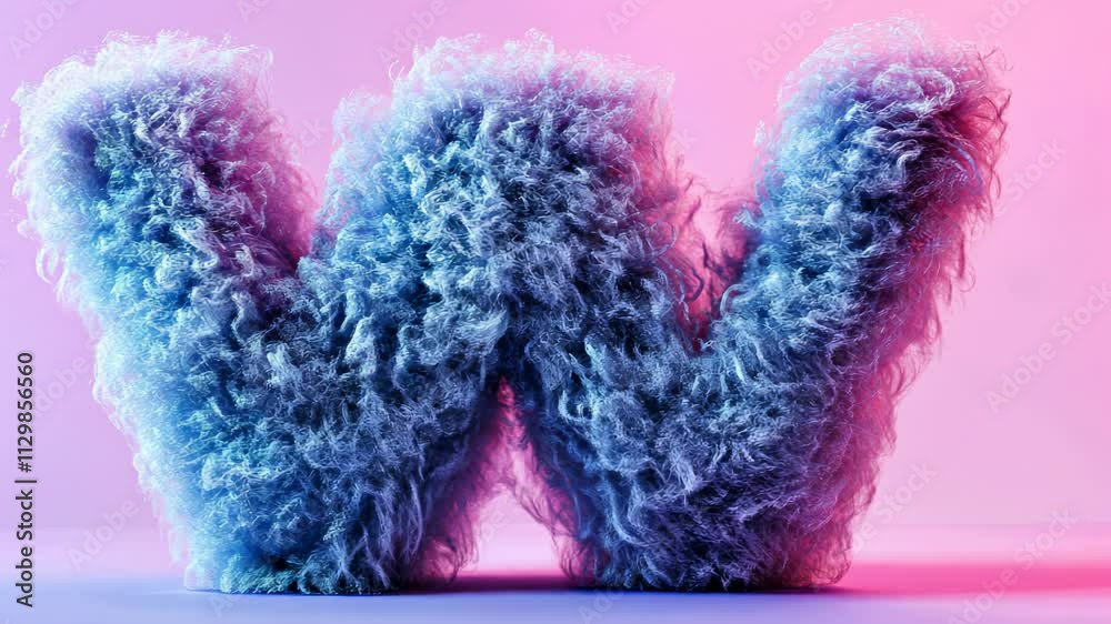 Fluffy letter W in vibrant pink and blue lighting, creative typography design concept