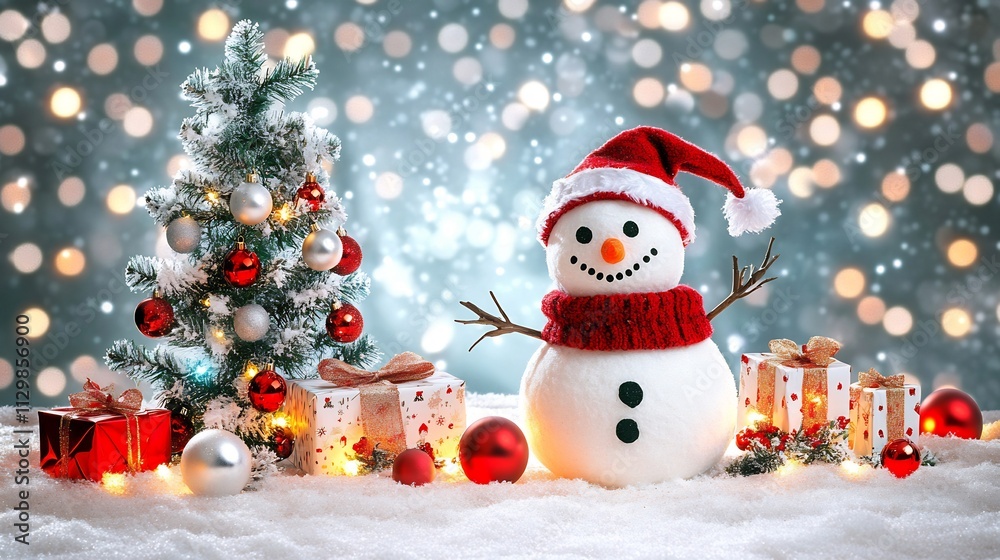 Merry Christmas Festive Snowman with Decorated Tree and Gifts Merry Christmas Festive Snowman with Decorated Tree and Gifts