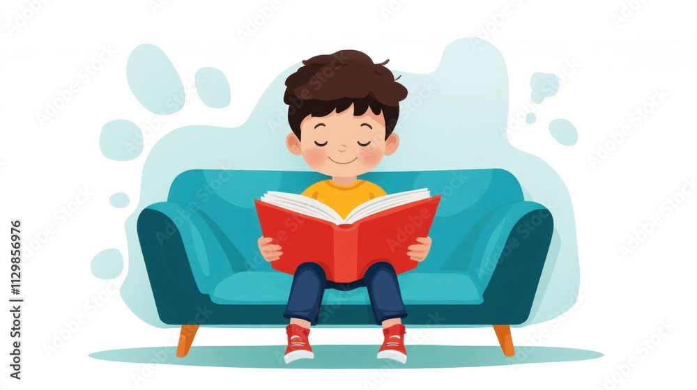 Young Boy Enjoying Storytime Alone on a Cozy Couch Illustration Young Boy Enjoying Storytime Alone on a Cozy Couch Illustration