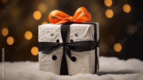 A whimsical Christmas gift box shaped like a snowman, with a carrot nose and coal buttons, wrapped in soft white paper and topped with a small woolen scarf, playful and cheerful design. T photo