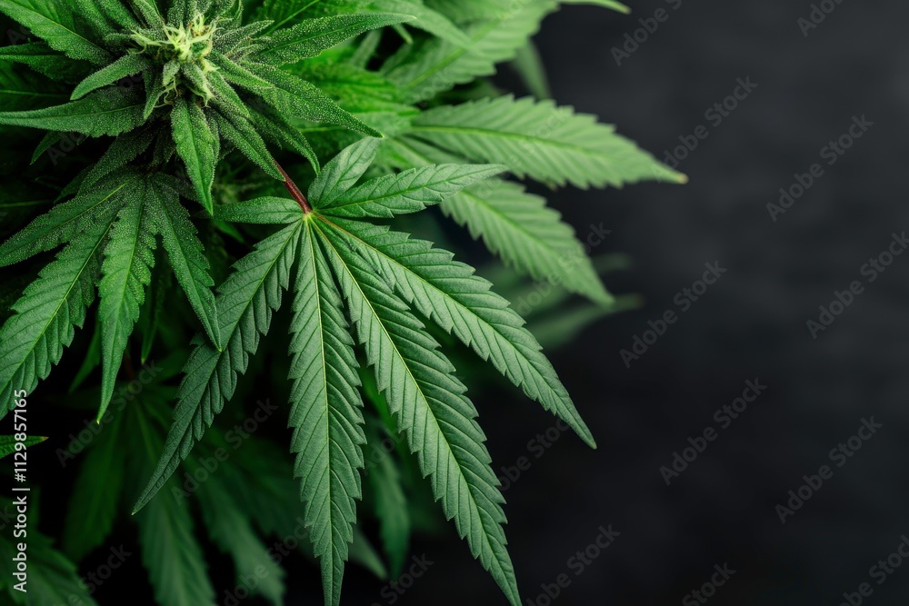 Close-Up View of Lush Green Cannabis Leaves on Dark Background, Showcasing Textured Patterns and Natural Beauty of Hemp Plant in Botanical Setting Close-Up View of Lush Green Cannabis Leaves on Dark Background, Showcasing Textured Patterns and Natural Beauty of Hemp Plant in Botanical Setting