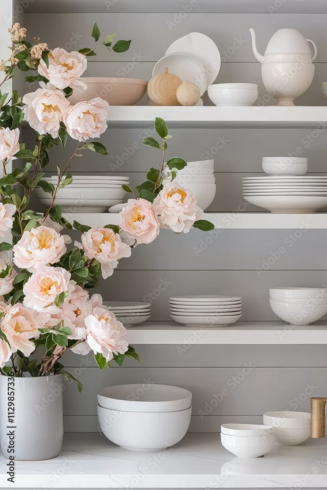 Pale Peonies Adorn White Kitchenware Shelves Pale Peonies Adorn White Kitchenware Shelves