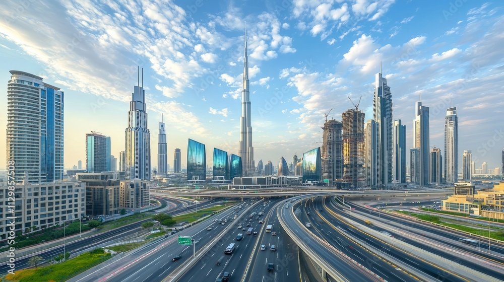 Highway, oblique angle of view, light sky and clouds, modern buildings, skyline, freeway, cityscape, road surface, gray tones, city background, super quality, high resolution Highway, oblique angle of view, light sky and clouds, modern buildings, skyline, freeway, cityscape, road surface, gray tones, city background, super quality, high resolution