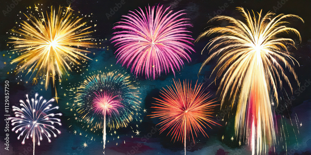 Naklejka premium Festive Fireworks Display Night Sky Celebration Holiday