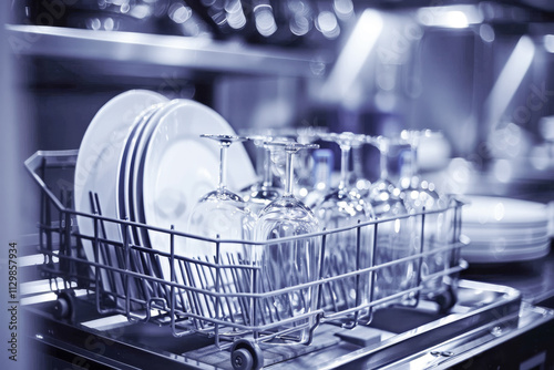 Spotless white dishes organized inside a modern dishwasher in a contemporary kitchen setting photo