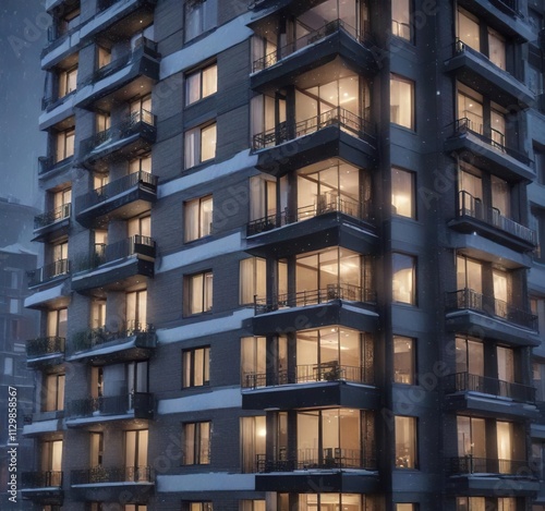 Snow falls on a modern apartment building's facade, high rise, urban landscape