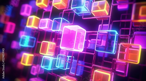 A smooth, looping 90â€™s-inspired animation with glowing neon geometric shapes shifting in and out of focus--squares, spirals, and grids--with a color palette of vintage neon shades like hot pink, bri photo