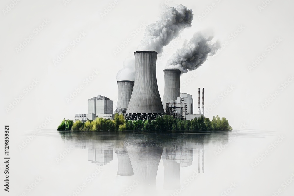 Industrial power plant with cooling towers emitting steam, surrounded by lush greenery and reflecting in calm waters on a serene day. Industrial power plant with cooling towers emitting steam, surrounded by lush greenery and reflecting in calm waters on a serene day.