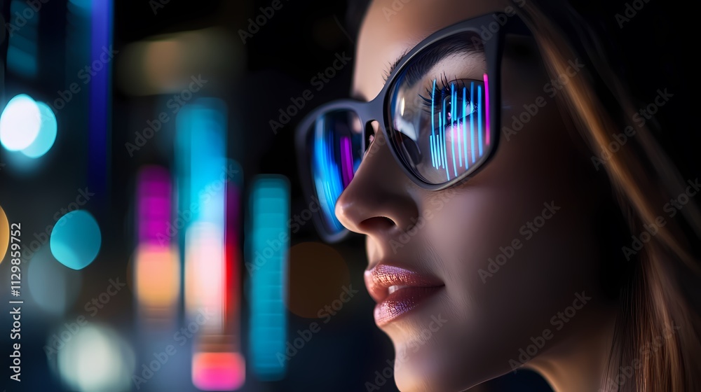 Woman's face reflected with data graphs on glasses at night. Woman's face reflected with data graphs on glasses at night.