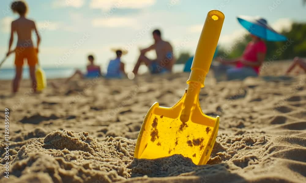 Yellow shovel on sandy beach with people in background. Yellow shovel on sandy beach with people in background.