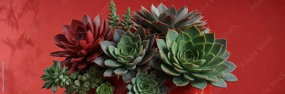 Succulent arrangement in various shades of green on red background, horticulture, nature, plant display Succulent arrangement in various shades of green on red background, horticulture, nature, plant display