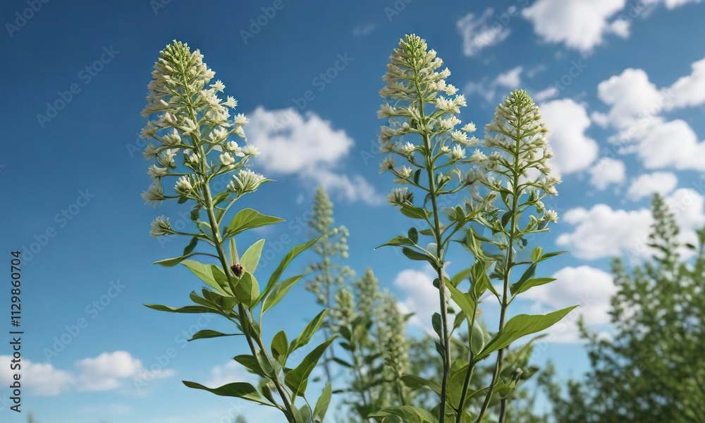 Tall milkweed plant with numerous green flower buds in full bloom against a blue sky, outdoor, asclepias, green flowers Tall milkweed plant with numerous green flower buds in full bloom against a blue sky, outdoor, asclepias, green flowers