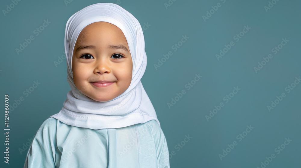 Happy arabic child in traditional dress with a slight smile and space for text on solid background