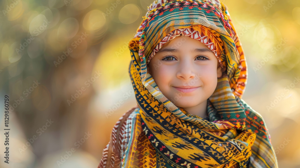 Portrait of a joyful arabic child in traditional attire with a gentle smile and space for text Portrait of a joyful arabic child in traditional attire with a gentle smile and space for text
