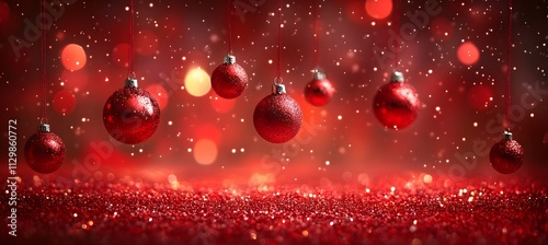 Christmas Tree In Red Shiny Glittering Background - Baubles Hanging On Fir With Abstract Lights,