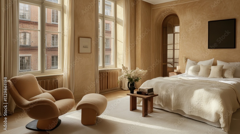 Fototapeta premium Sunlit Bedroom Interior Design With Modern Furniture