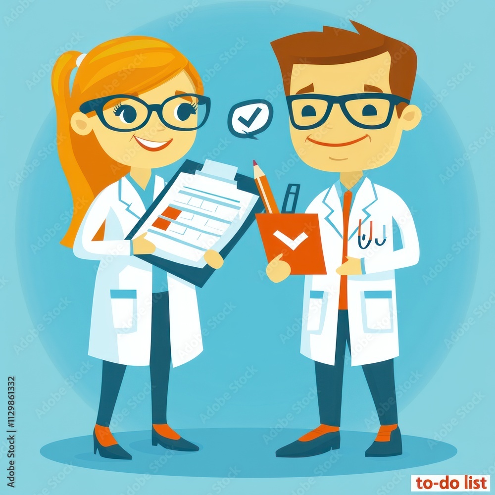 Illustration of Two Doctors Reviewing Checklist and To-Do List Illustration of Two Doctors Reviewing Checklist and To-Do List