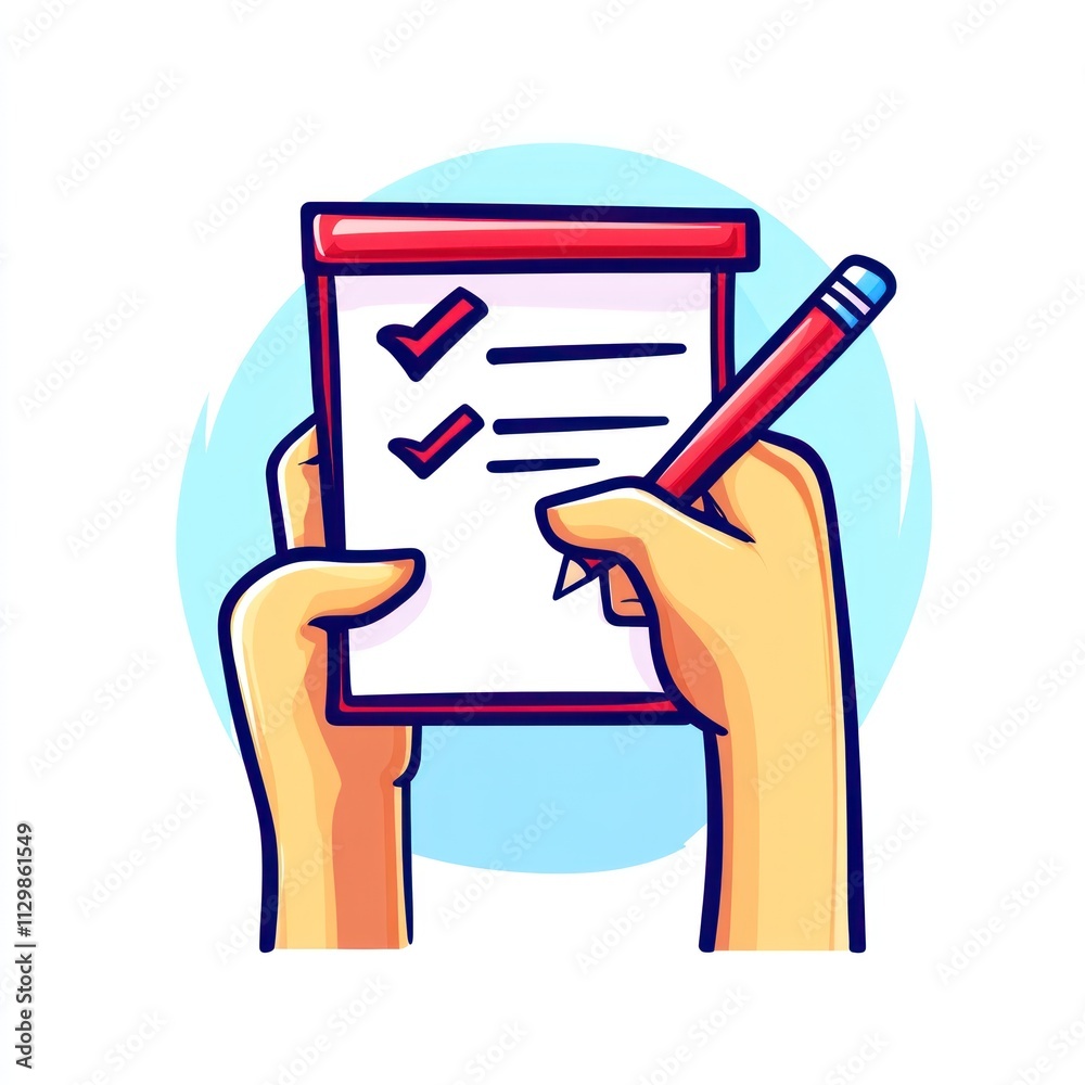 Checklist Illustration Cartoon Style Hands Holding Pad and Pencil Checklist Illustration Cartoon Style Hands Holding Pad and Pencil