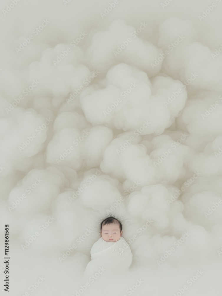 An angelic baby sleeping in a serene pose, swaddled in a soft white blanket, with a fluffy cloud-like background adding a whimsical touch. An angelic baby sleeping in a serene pose, swaddled in a soft white blanket, with a fluffy cloud-like background adding a whimsical touch.