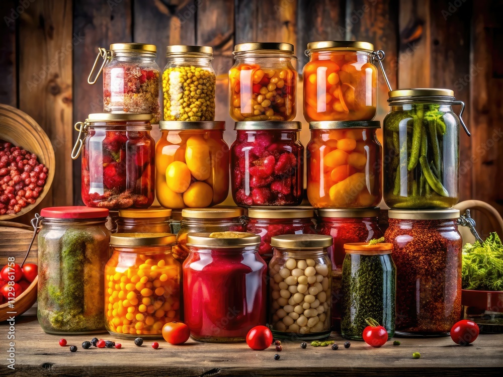 Vibrant preserved foods gleam in low-light pantry shots; colorful jars highlight homemade goodness. Vibrant preserved foods gleam in low-light pantry shots; colorful jars highlight homemade goodness.