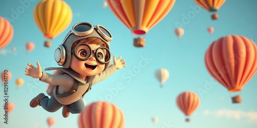 Happy kid boy with vintage aviator glasses and helmet flying up with air balloons in a cartoon 3D render, depicting freedom and happy childhood concept, cartoon character, 3D render
