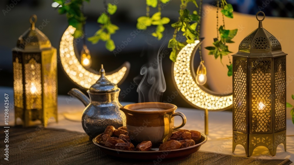 Ornate Arabian lanterns with golden moon decorations Ornate Arabian lanterns with golden moon decorations
