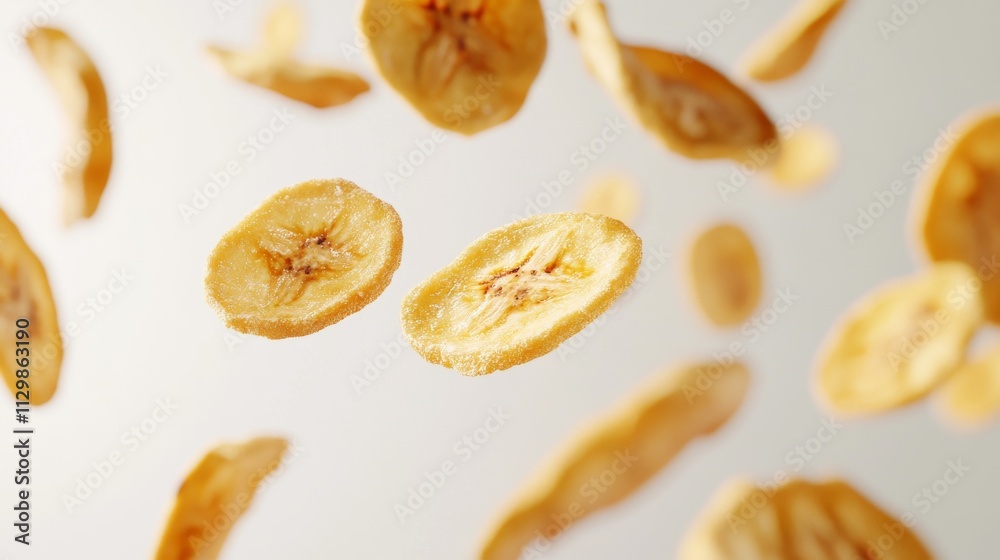 Detailed shot of crispy banana chips suspended in mid-air against a light background, emphasizing their texture and golden color. Perfect for healthy snack or food industry visuals.. AI Generation Detailed shot of crispy banana chips suspended in mid-air against a light background, emphasizing their texture and golden color. Perfect for healthy snack or food industry visuals.. AI Generation