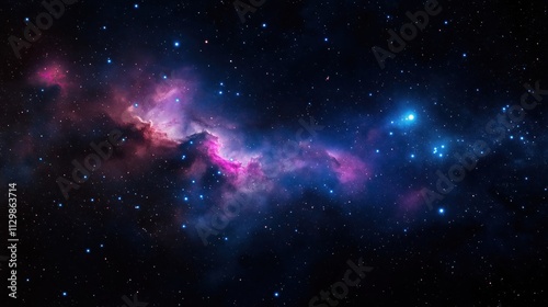 Expansive view of vibrant cosmic nebulae, countless twinkling stars. Galactic clouds with swirling hues of pink, blue light up infinite void. Boundless universe with fantastic landscapes. Fantastic