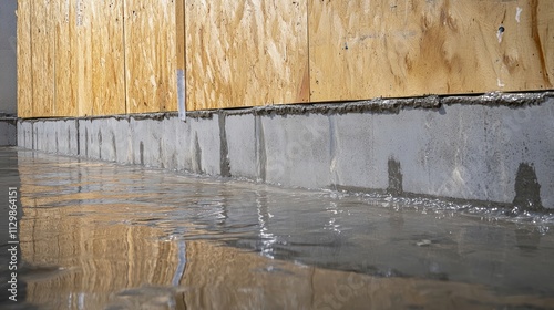 Water damage near concrete foundation and plywood wall.