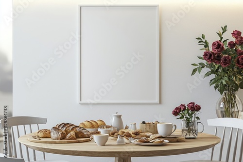 Dining,room,wooden,table,Scandinavian,chairs,artisan,bread,soft,lighting,blank,poster.