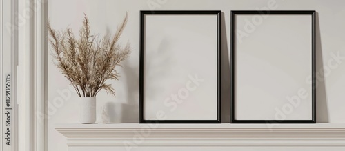 Two,big,black,frames,white,mantel,framed,neutral,light,wall,backdrop.