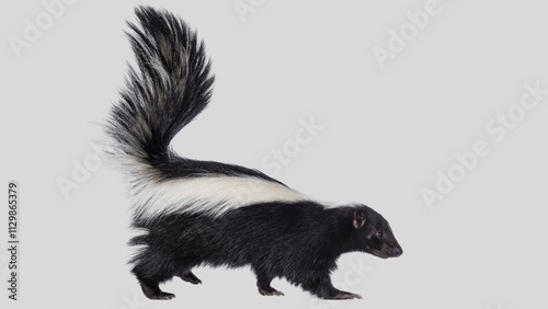 Striped Skunk Closeup. Adorable Classic Black and White Skunk Isolated on White Background