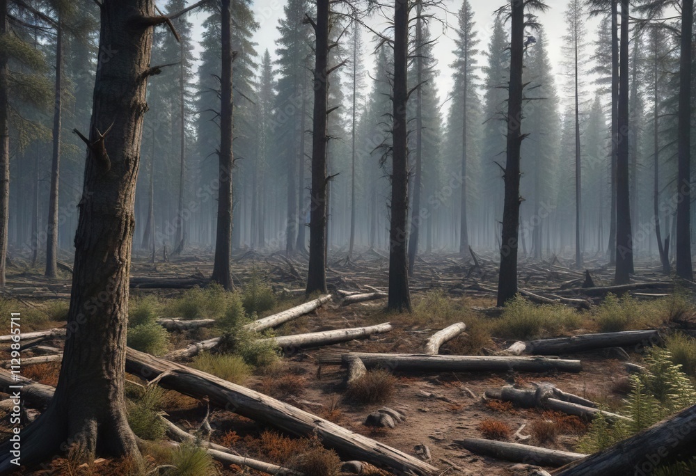 A dense forest devastated by bark beetle infestation, trees withered and dead, nature, bark beetle, disaster A dense forest devastated by bark beetle infestation, trees withered and dead, nature, bark beetle, disaster