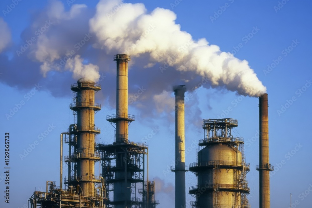 Industrial Smoke Stacks Emitting Vapor Against Clear Blue Sky in an Energy Production Facility Showcasing Environmental Impact of Manufacturing Processes Industrial Smoke Stacks Emitting Vapor Against Clear Blue Sky in an Energy Production Facility Showcasing Environmental Impact of Manufacturing Processes