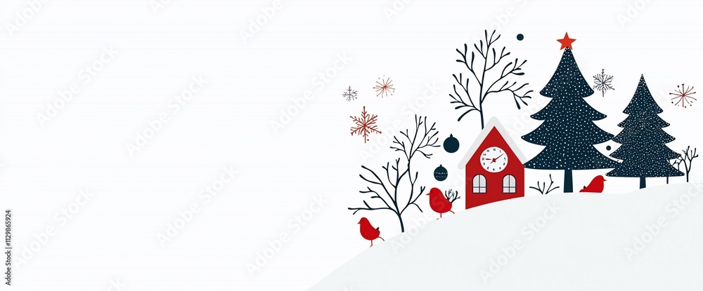 Festive winter scene with red house, clock, snowy trees, and birds. Festive winter scene with red house, clock, snowy trees, and birds.