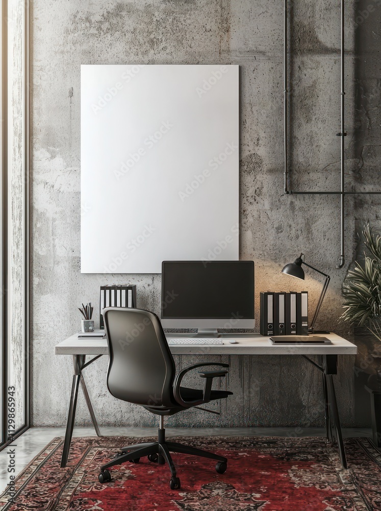 White,canvas,concrete,wall,above,desk,home,office,black,chair,red,rug. White,canvas,concrete,wall,above,desk,home,office,black,chair,red,rug.