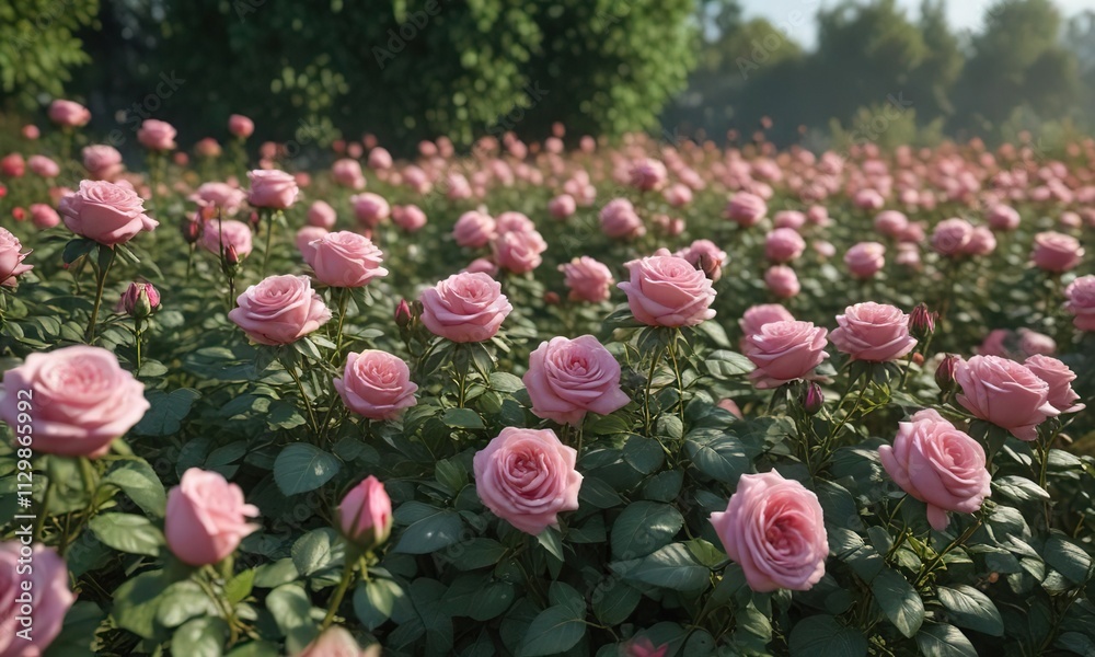 A field of Morden Blash roses with lush foliage, field of pink flowers, natural scenery, lush landscape A field of Morden Blash roses with lush foliage, field of pink flowers, natural scenery, lush landscape