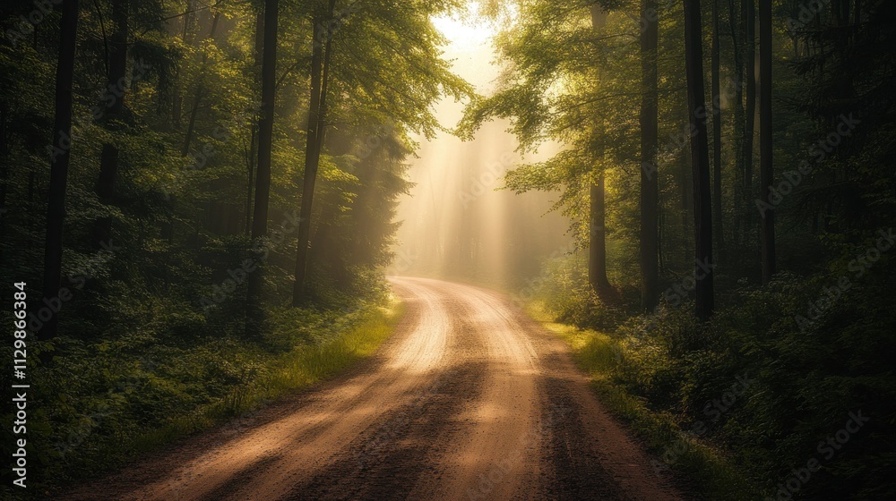 Obraz premium Sun Rays Through a Foggy Forest