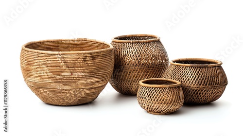 A minimalist image of handwoven baskets isolated on a white background.--ar 16:9 photo