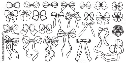 Set of graphical decorative bows. Vector Line.