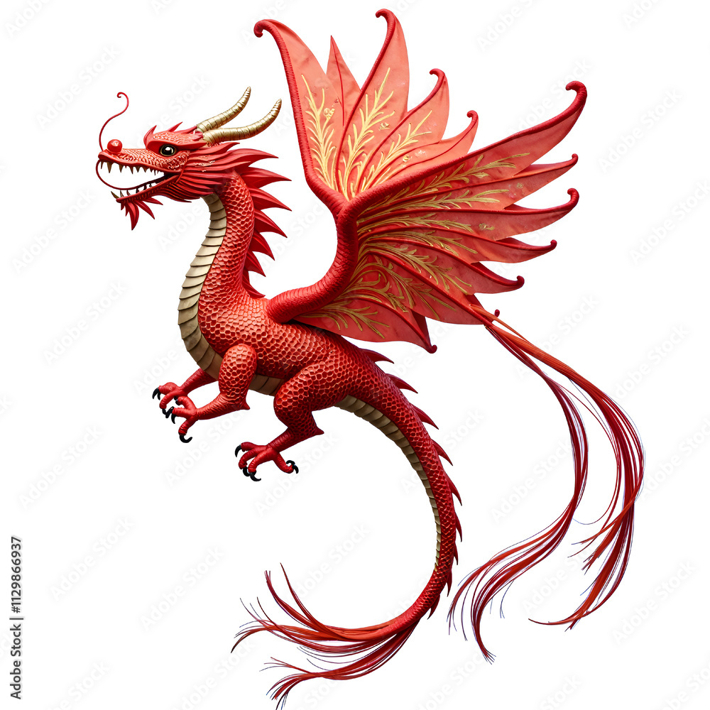 Majestic red dragon with elegant feathered wings in flight, 3d rendering of fantasy art concept. Majestic red dragon with elegant feathered wings in flight, 3d rendering of fantasy art concept.